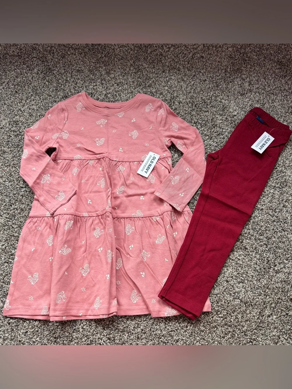 Old Navy Pink Tiered Heart Dress with Maroon Leggings